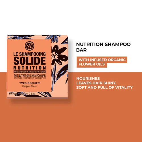 Vista 4 de Yves Rocher The Nutrition - Barra de champú, aceites de flores, cabello seco o dañado, 2.12 oz, 1 unidad