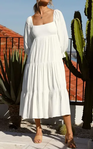 Vista 3 de R.Vivimos Vestido midi de algodón para mujer, manga larga, cuello cuadrado, casual, sin espalda, bohemio, para otoño