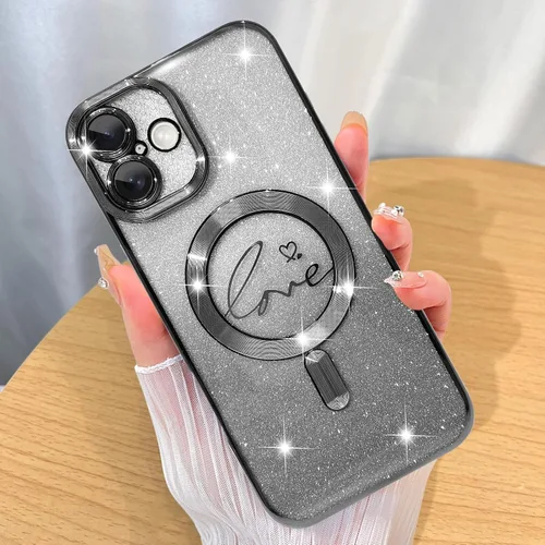 Vista 40 de ZIYE - Funda magnética diseñada para iPhone 13 con purpurina, color negro Luxury Plating Love Heart Compatible with MagSafe Camera Protection