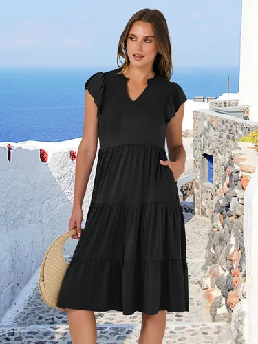 Vista 4 de ANRABESS Vestido de verano para mujer, manga con volantes, cuello en V, vestido midi a la moda, casual, holgado, escalonado, bohemio, playa