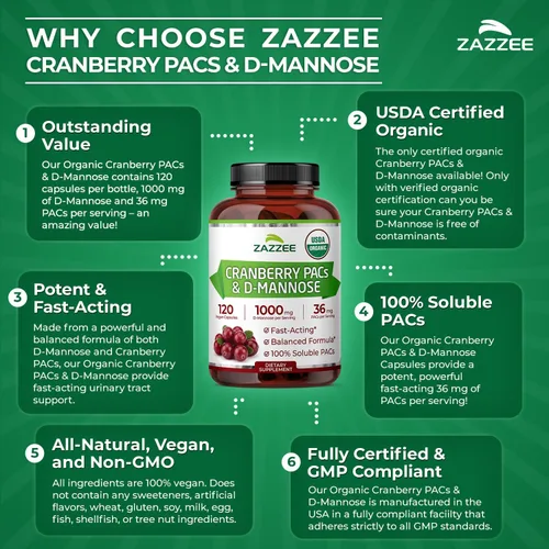 Vista 7 de Zazzee USDA Organic Cranberry PAC y D-Manosa, 36 mg PAC por porción, 1000 mg de D-manosa por porción, 120 cápsulas veganas, suministro de 2 meses