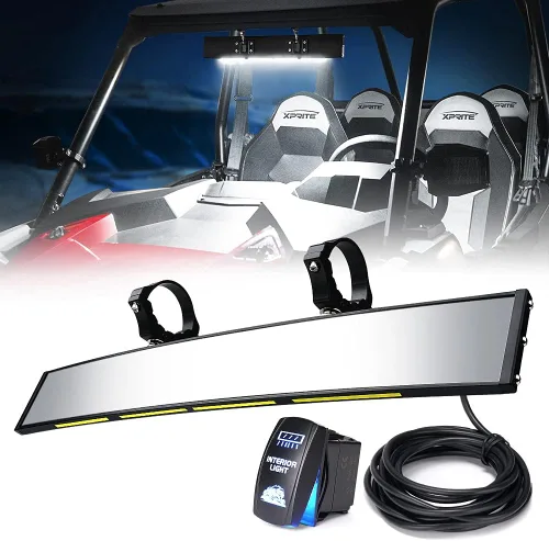 Vista 9 de Xprite 9" Espejo retrovisor central UTV con luces interiores y interruptor basculante, espejos retrovisores de aluminio se ajusta a 1.75"-2