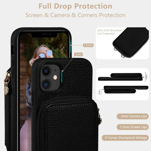 Vista 5 de Funda para iPhone 11 de 6.1 pulgadas, cartera cruzada con cremallera y ranuras para tarjetas de bloqueo RFID, soporte de soporte, cordón desmontable