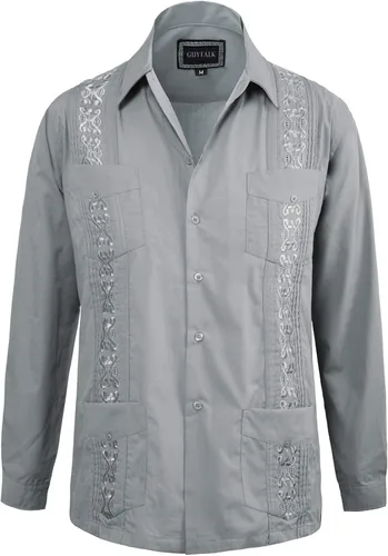 Vista 17 de Guytalk Camisa de boda mexicana de manga larga con botones de guayabera cubana para hombre