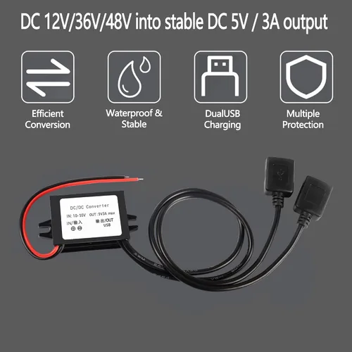 Vista 6 de MEIRIYFA Convertidor USB de 12 V a 5 V Módulo DC Buck 12V 36V 48V Convertir a 5V Dual USB Hembra 10-55V a 5V 3A 15W Adaptador DC a DC Regulador