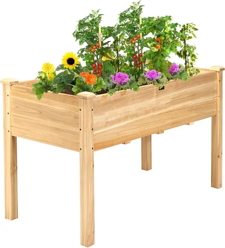 Vista 11 de Giantex Cama de jardín elevada, maceta elevada de madera con forro protector y orificio de drenaje, maceta elevada para plantar verduras, flores