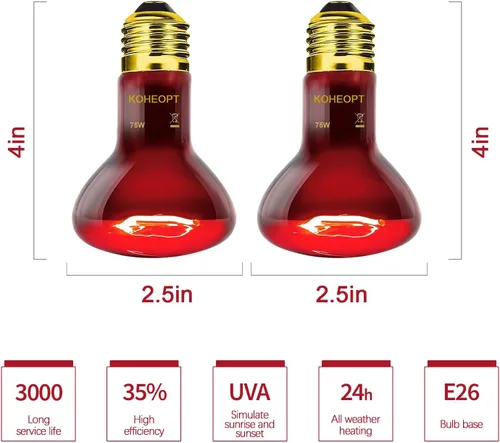 Vista 2 de 75W Reptile Heat Lamp Bulb, Infrared Heat Emitter Red Heat Lamp for Reptile Amphibian, Infrared Basking Spot Light Bulb,Red Heat Lamp for