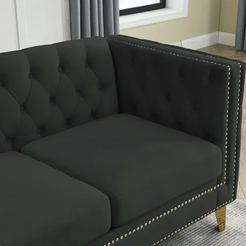 Vista 6 de Antetek Sofás en forma de L para sala de estar, moderno sofá de terciopelo con botones y reposabrazos cuadrados incrustados con cabezas de uñas Negro