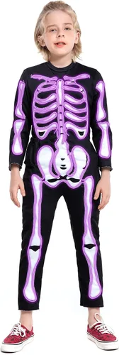 Vista 6 de HSCTEK Disfraz de esqueleto iluminado para niños, disfraz LED de Halloween Verde