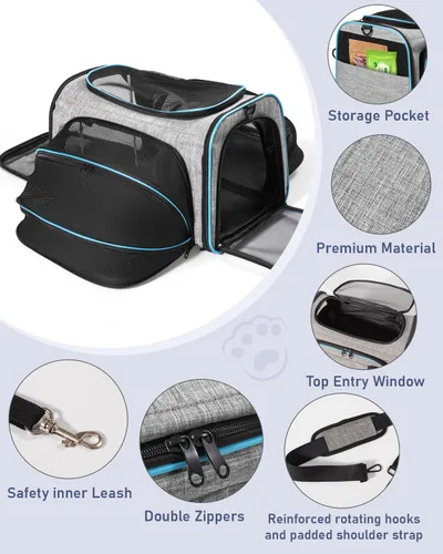 Vista 6 de Siivton Porta Mascotas para Gatos, Porta Mascotas de 2 Lados Expandibles para Viaje, Porta Mascotas Plegables de Cara Suave con Almohadilla de Forro
