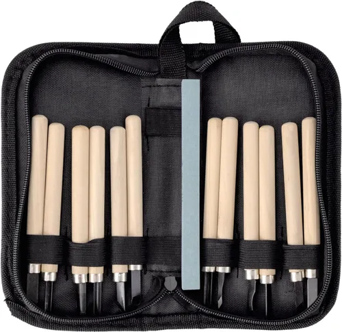 Vista 4 de Juego de herramientas de tallado de madera de 12 piezas, kit profesional de tallado de madera con cuchillos de acero al carbono SK2, cinceles