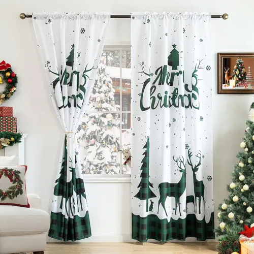 Vista 8 de Cortinas navideñas para sala de estar, cortina de ciervo de Navidad a rayas tartán, bolsillo para barra, cortinas decorativas para dormitorio