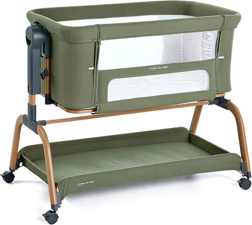Vista 9 de ANGELBLISS Cuna de bebé 3 en 1, Cunas mecedoras para dormir al lado de la cama con colchón cómodo y ruedas, 6 alturas ajustables, plegable fácil
