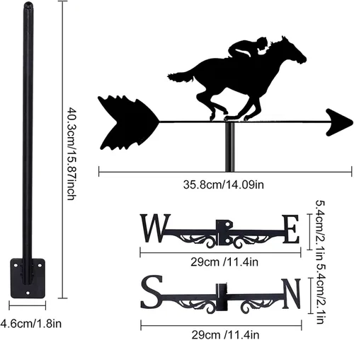 Vista 5 de Adorno de veleta negra con caballo Racer Rider, vaquero occidental y techo cruzado, indicador de dirección del viento para patio al aire libre