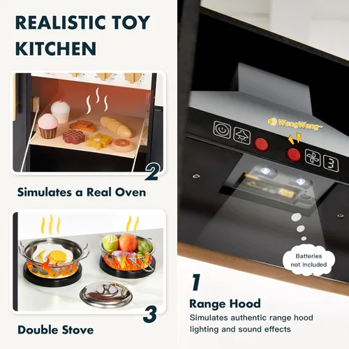 Vista 3 de Cocina de Juego para Niños, Juego de Cocina de Madera con Accesorios Realistas, Cocina de Lujo para Niños Pequeños, Campana Extractora
