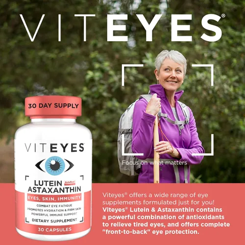 Vista 2 de Viteyes Luteína y astaxantina: alivia la fatiga ocular, hidrata y reafirma la piel, protección contra la luz azul, apoyo inmunológico, 20 mg