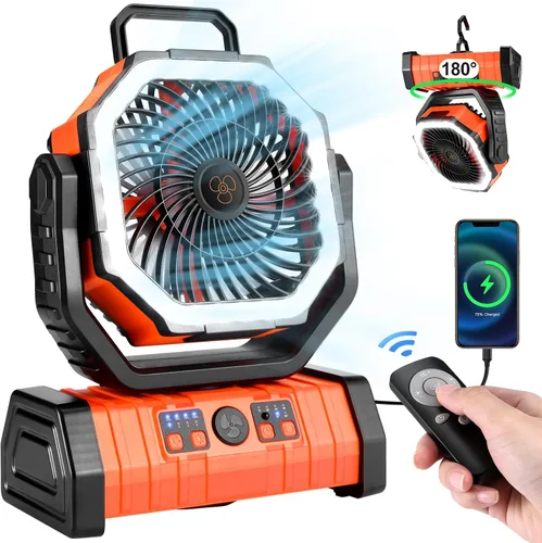 Vista 9 de Odoland Ventilador de camping de 30000 mAh con linterna LED, recargable, funciona con batería, oscilante con control remoto y gancho, ventilador