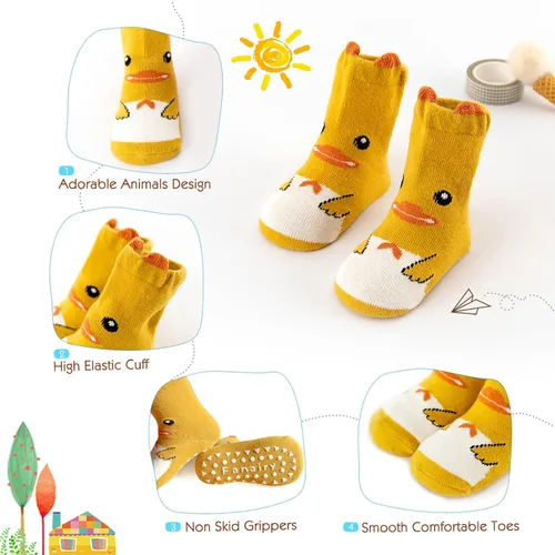 Vista 2 de Fanairy Toddler Animal Non Skid Crew Socks with Grips Baby Infant Boy Girl Non Slip Cotton Socks 6 Pairs