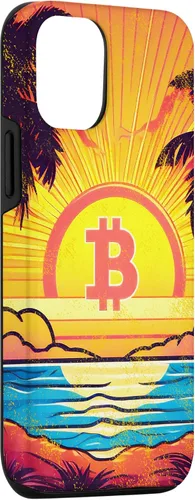 Vista 3 de iPhone 14 Bitcoin logotipo, símbolo, amanecer, vacaciones, sol, playa, océano Caso