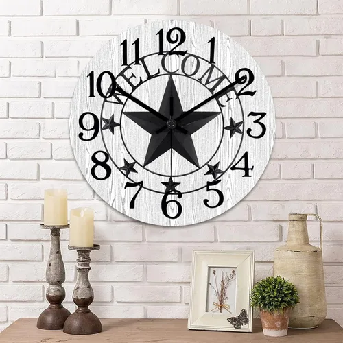 Vista 12 de Reloj de pared decorativo de 10 pulgadas con estrella del oeste de Texas, reloj de madera rústico, silencioso, sin tictac, funciona con pilas, reloj