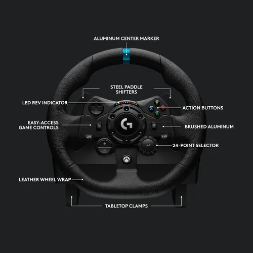 Vista 5 de Logitech G923 - Volante de carreras y pedales, respuesta de fuerza TRUEFORCE, cuero genuino + Logitech G Driving Force Shifter - Xbox XS, Xbox One