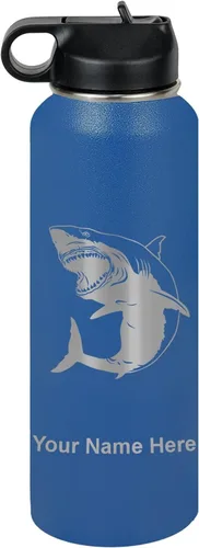 Vista 24 de LaserGram Botella de agua personalizada, gran tiburón blanco, acero inoxidable de doble pared aislada al vacío con popote superior, regalo grabado