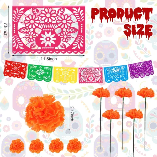 Vista 2 de Cartel de fiesta mexicana de Halloween, 124 unidades, papel picado, Día de los Muertos, banderines de fiesta, Día de los Muertos, flores muertas