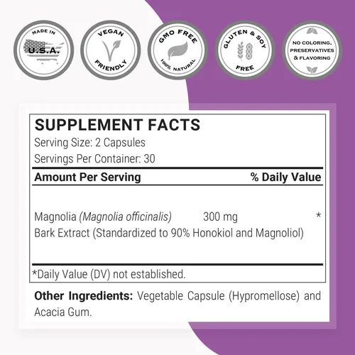 Vista 4 de Supersmart - Extracto de corteza de magnolia (fuerza máxima) 300 mg por día - 90% honokiol y magnolol - Suplemento de corteza de magnolia Sin OMG