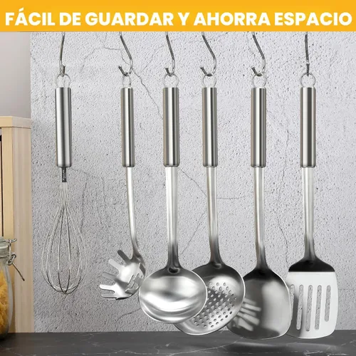 Vista 7 de Juego de 6 piezas de utensilios de cocina de acero inoxidable, utensilios de cocina con mango suspendido, espátula, espumadera, cucharón, cuchara