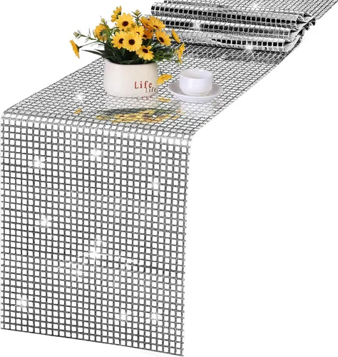 Vista 12 de Durony Paquete de 2 caminos de mesa disco de 11 x 108 pulgadas, espejo rosa intenso con laminado de purpurina y lentejuelas brillantes