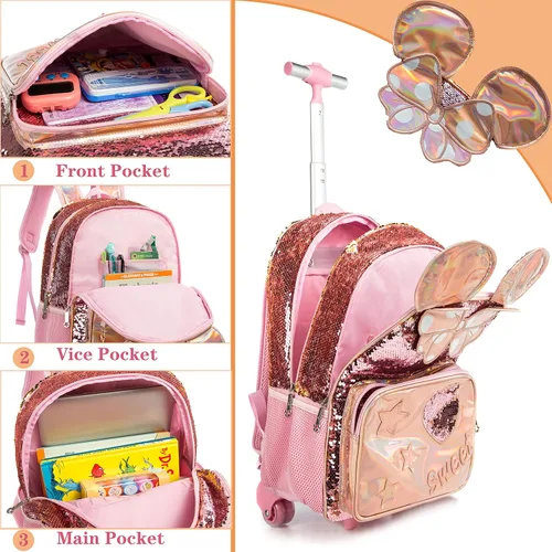 Vista 4 de Mochila con ruedas para niñas mochila escolar con fiambrera para estudiantes de primaria ruedas y equipaje 05 3pcs Rolling Backpack