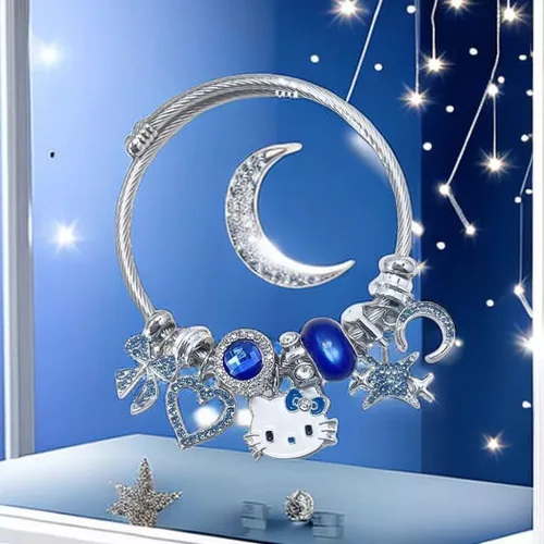 Vista 4 de ToamE Pulsera azul con texto en inglés "Star Moon Hello KITTY, accesorio Kawaii", pulsera ajustable de acero inoxidable, regalo de cumpleaños