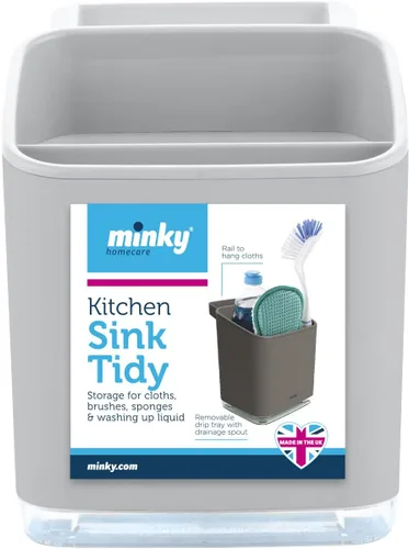 Vista 6 de Minky Homecare Organizador de esponja para fregadero con bandeja extraíble, riel para paños y boquilla de drenaje, organizador de huellas pequeñas