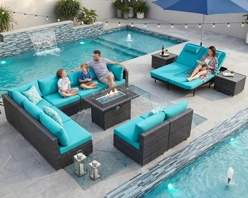 Vista 18 de NICESOUL Juego de muebles de patio de ratán extra grande con mesa para fogata de gas y propano, 29.3 pulgadas, respaldo alto, cómodos conversaciones