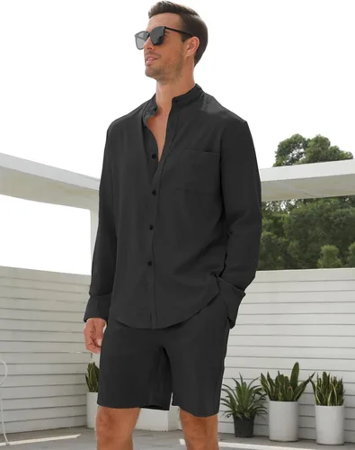 Vista 5 de RPOVIG Conjuntos de lino para hombre, conjuntos de verano de 2 piezas, ropa de vacaciones en la playa, camisas casuales de manga larga, pantalones