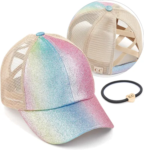 Vista 76 de C.C Gorra de béisbol de malla con diseño de estrella brillante, gorra de camionero ajustable para moño o cola de caballo Una banda elástica-negro