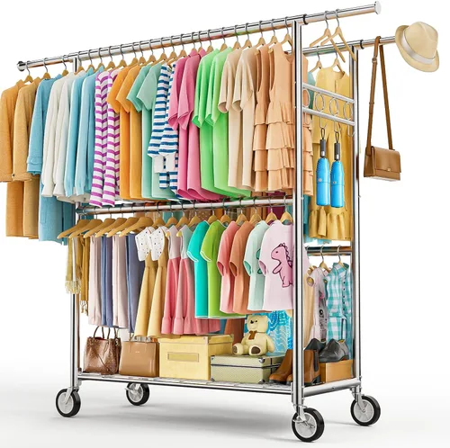 Vista 16 de Perchero de ropa resistente con carga de 860 libras, estantes de ropa rodantes de doble barra para colgar ropa, estante de ropa rodante con estantes