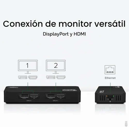 Vista 3 de Plugable Adaptador Dual Monitor 4K DisplayPort y HDMI para USB 3.0 y USB-C, Compatible con Windows y ChromeOS
