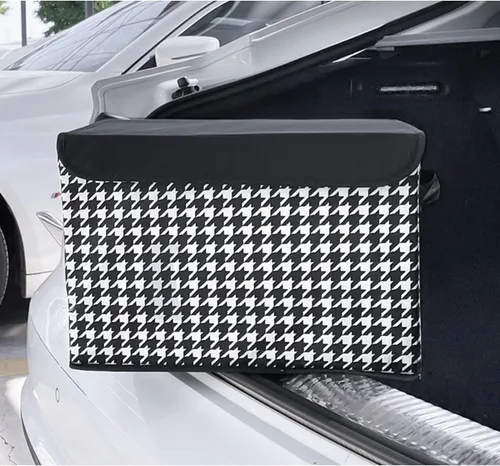 Vista 6 de 8sanlione Caja de almacenamiento para maletero de coche con tapa, patrón de pata de gallo, organizador de almacenamiento plegable de gran capacidad