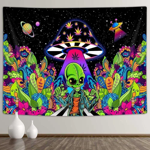 Vista 2 de JAWO Tapices alienígenas geniales, tapiz mágico psicodélico de hongos psicodélicos OVNI para colgar en la pared, decoración del hogar