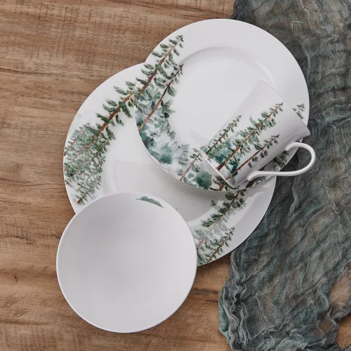Vista 9 de Mikasa Watercolor Forest Bone China - Juego de vajilla ligera de 16 piezas resistente a las astillas, servicio para 4, color blanco