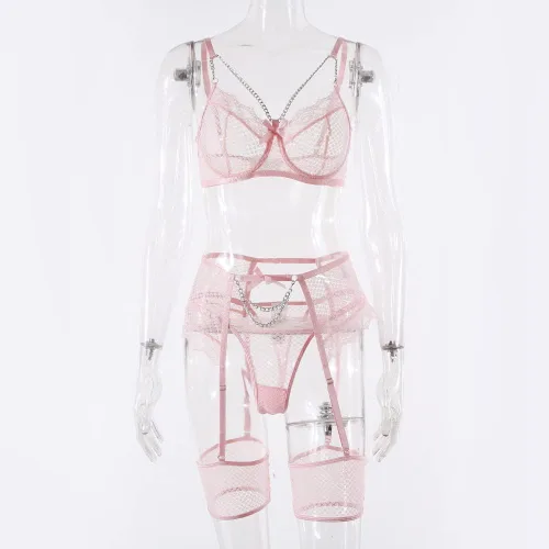Vista 6 de Conjunto de lencería de red de 3 piezas para mujer, conjunto de brasier y braga de encaje con aros y liguero
