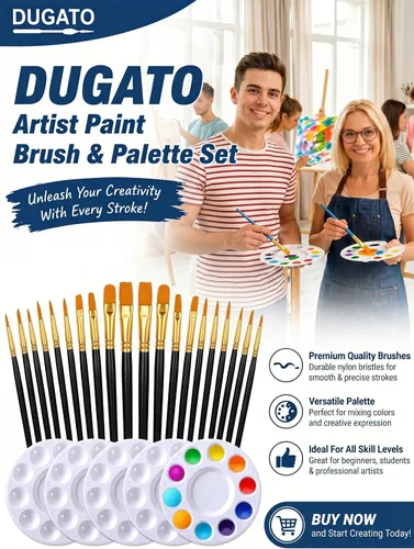Vista 6 de Juego de pinceles y paletas de pintura de DUGATO, 2 paquetes/20 pinceles de punta redonda de pelo de nailon con 5 bandejas de pintura para pintura