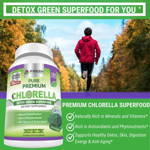 Vista 6 de FRESH HEALTHCARE Suplemento prémium de Chlorella, cápsulas de polvo vegano puro de 1200 mg, 180 pastillas de clorofila y CFG, superalimento natural