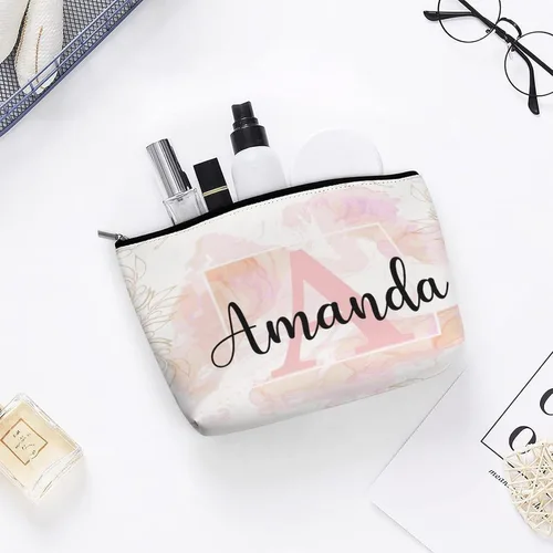 Vista 4 de Bolsa de maquillaje personalizada del alfabeto A-Z, con monograma floral, bolsa de cosméticos con nombre personalizado, bolsa de maquillaje pequeña