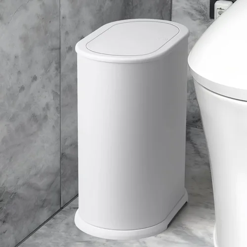 Vista 8 de Anzoymx Botes de basura de baño de acero inoxidable de 1.8 galones, bote de basura pequeño con tapa emergente, papelera estrecha de metal, juego