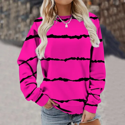 Vista 3 de Camiseta de moda para mujer, estampado a rayas, casual, manga larga, talla grande, cuello redondo, ajuste holgado