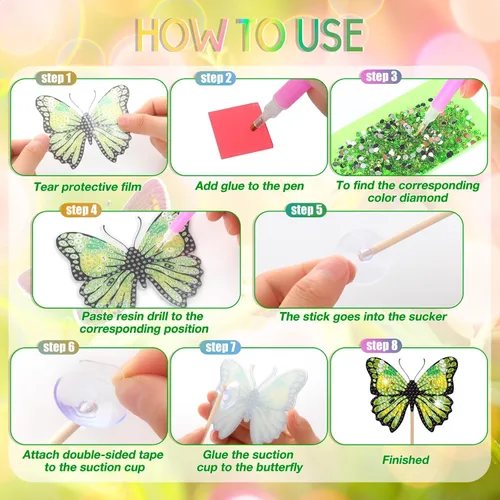 Vista 3 de Leinuosen Juego de 12 piezas de pintura de diamantes de mariposa para decoración de jardín, pintura de diamantes coloridos 5D, estacas de mariposa