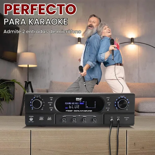 Vista 6 de Pyle Amplificador receptor de cine en casa Bluetooth – Amplificador de potencia máxima de 180 W con agudos, graves, control de eco, MP3/USB/FM