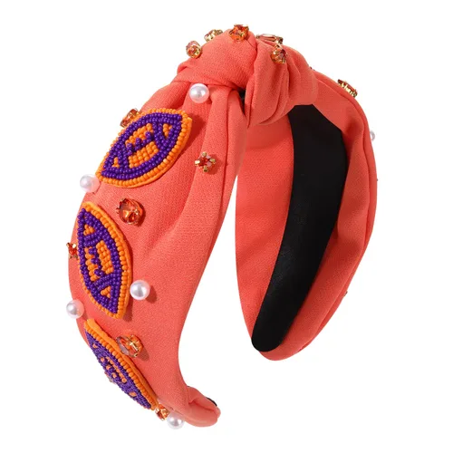 Vista 6 de Diademas anudadas de fútbol para mujer, diadema deportiva para el día del juego, diadema de cristal perlado con nudo superior ancho, accesorios